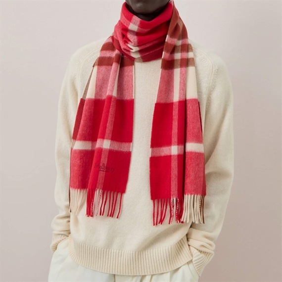 Mulberry Small Check Merino Wool Scarf Scarlet Red & Bright Oak